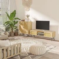 Credenza in Stile Boho con 2 Ante in Legno e Rattan, 80x39x101.8cm Naturale