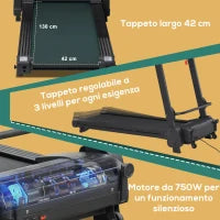 Tapis Roulant Elettrico Pieghevole Salvaspazio, Velocità 14km/h, Monitor LCD 5 Programmi e Presa USB, per Casa e Ufficio, Motore 750W, Nero