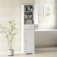 Armadietto Alto da Bagno Stretto con 2 Porte Arco Cassetto e Ripiani Regolabili Moderno 40x29,5x170 cm Bianco