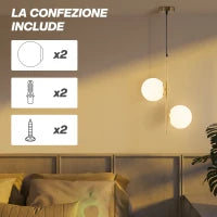 Lampada a Sospensione con 2 Paralumi in Vetro e Filo Regolabile, in Metallo, 32x15x51 cm, Bianca e Oro