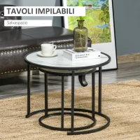 Set di 2 Tavolini da Salotto Rotondi Impilabili in Acciaio ed Effetto Marmo, Bianco