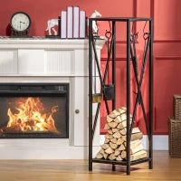 Portalegna da Interno ed Esterno Salvaspazio in Metallo con Paletta, Scopino, Attizzatoio e Pinza, 34x34x111cm, Nero