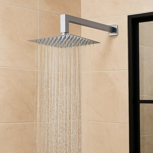 Braccio doccia ottone cromato + soffione doccia quadrato ottone cromato 300x300x8 mm spessore