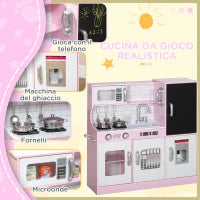 Cucina Giocattolo in Legno per Bambini 3-8 Anni con Fornelli, Microonde, Lavandino, e Accessori, Rosa
