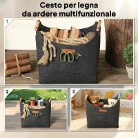 Borsa in Feltro Portalegna da Interno con Manici in Legno, Capacità 15 kg, 45x32x40 cm, Grigio