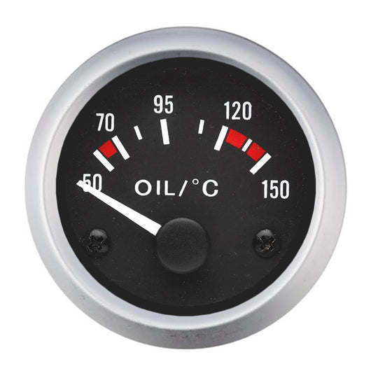 Indicatore di temperatura olio 50 -150 gradi dc 12 v mm 57 esterno nero ghiera silver