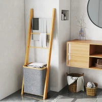 Mobile per Bagno in Bambù con Portasciugamani a 3 Barre e Cesto per Biancheria Sporca Estraibile da 48 L, Grigio