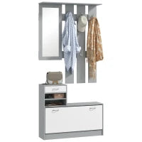 Mobile Appendiabiti 3 in 1 con Scarpiera e Specchio, Ganci e Cassetti, in Legno, 90x10x102 cm, Bianco e Grigio