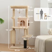 Albero per Gatti Multilivello Alto 132 cm con Casetta, Lettino, Pali Tiragraffi, Spazzola e Pallina, Beige