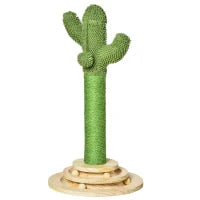 Albero Tiragraffi a Cactus per Gatti, Corda Sisal e Base con Palline in Legno, 32x32x60cm