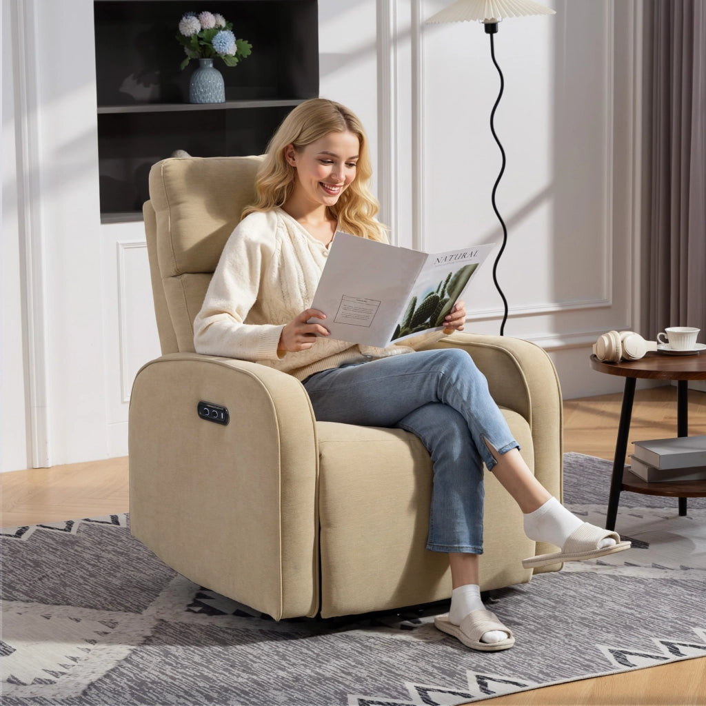 Poltrona Reclinabile Elettrica in Ciniglia con Poggiapiedi, Poggiatesta Regolabile e Prese, 80x93x103 cm, Beige