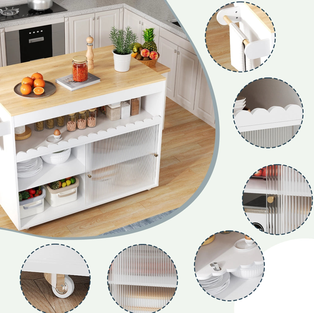 Carrello isola cucina pieghevole 122x46(69)x91 cm in MDF bianco e naturale