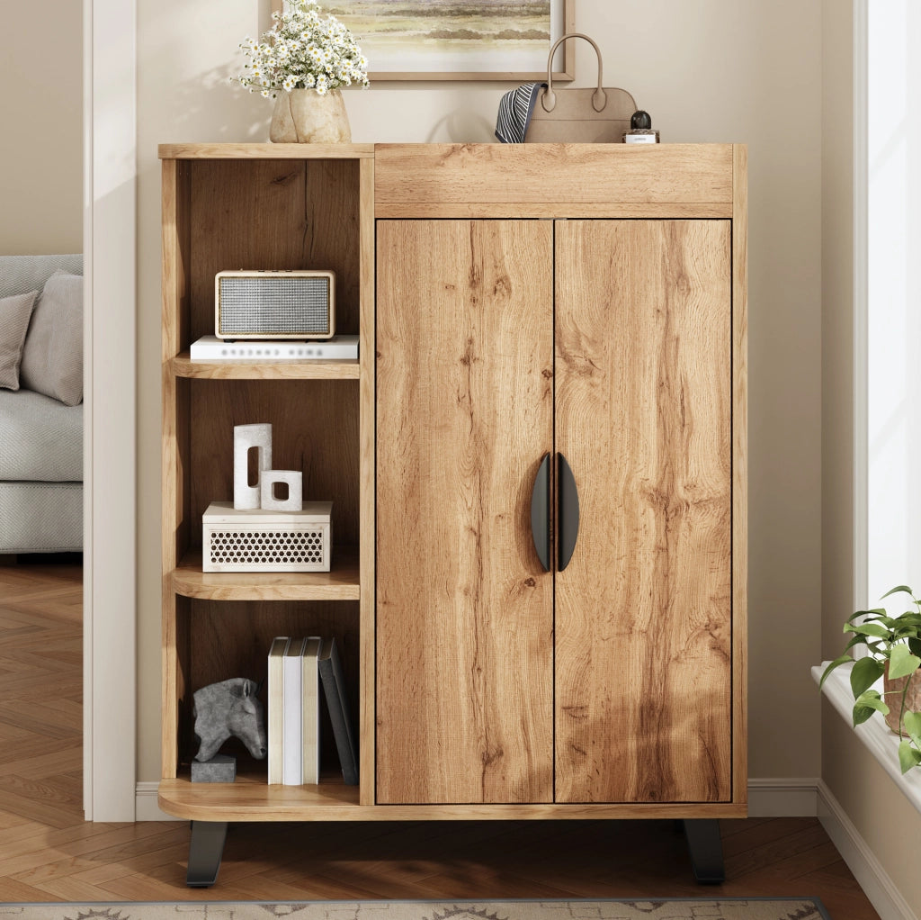 Scarpiera stretta con ante a ribalta e vani aperti; 80x32x99 cm; effetto legno naturale