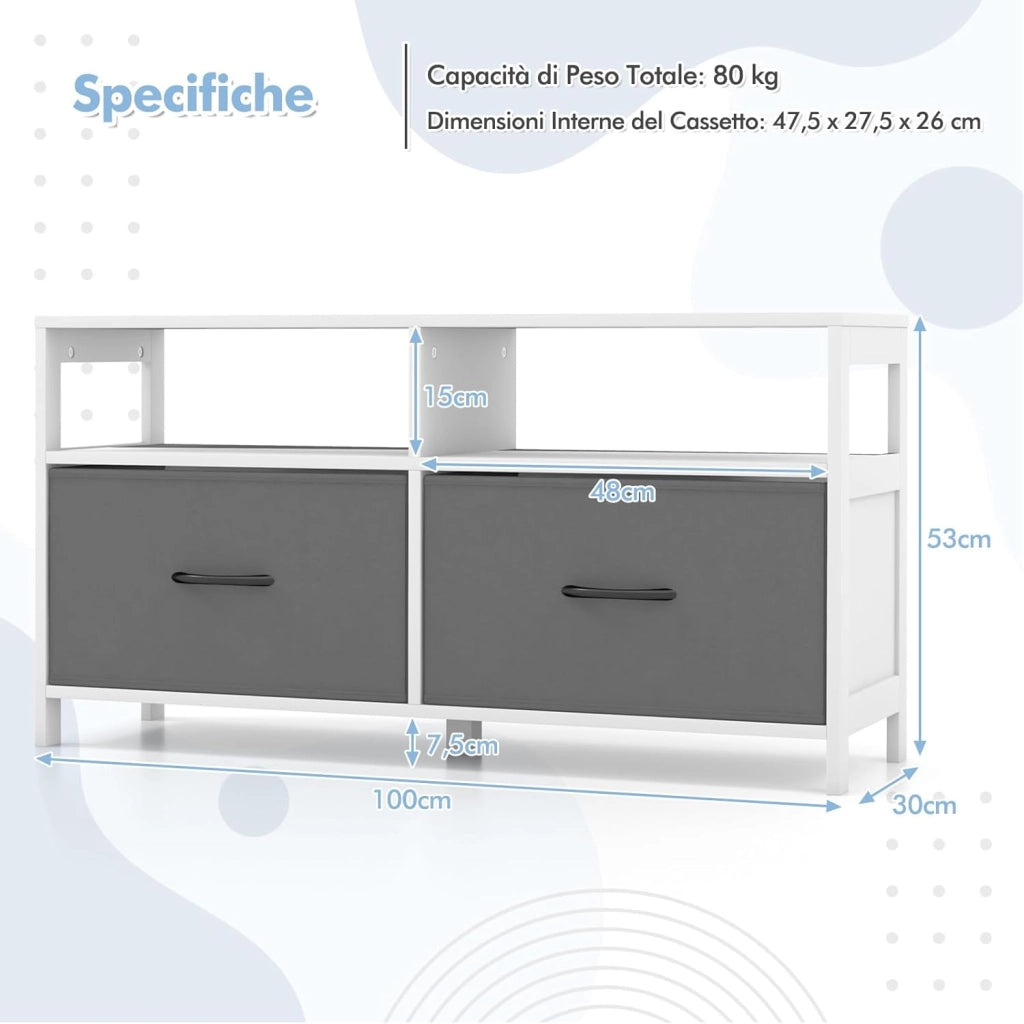 Cassettiera in Tessuto, Cassettiera con 2 Cassetti e 2 Ripiani Aperti, con Contenitori in Tessuto e Ampio Piano, per Camere da letto, Soggiorno e Ingresso, 100 x 30 x 53 cm