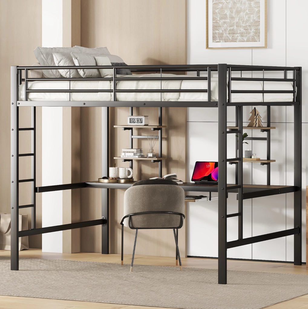 Letto a soppalco 140x200 cm con scrivania e 2 librerie in metallo e MDF nero