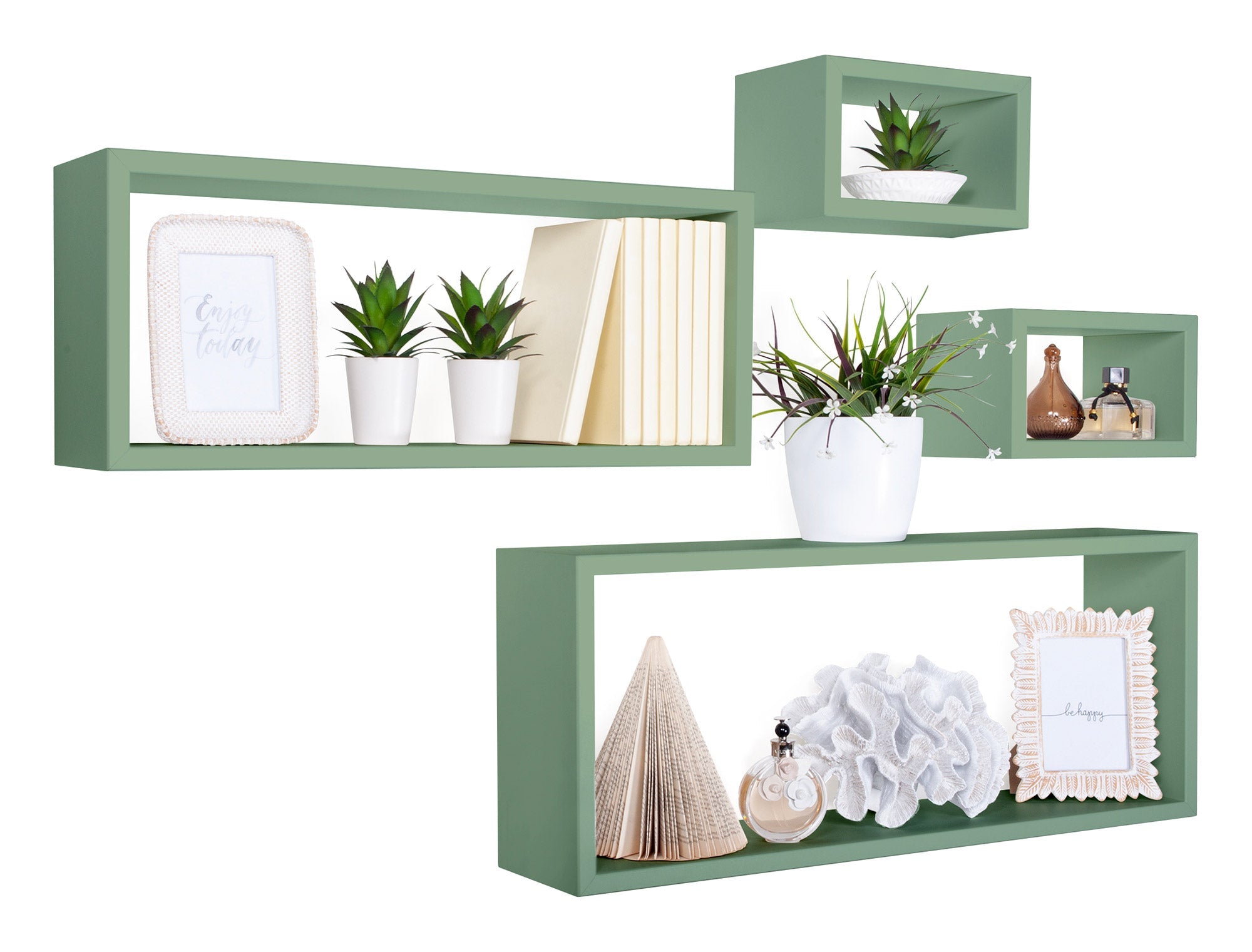 Set 3 Mensole Cubo da Parete Quadrato e Rettangolare in Fibra di Legno Merlino Verde Acqua Marina