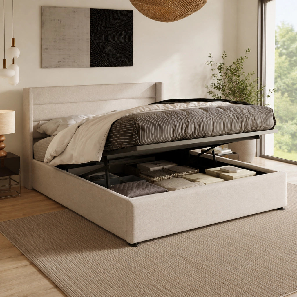 Letto contenitore matrimoniale 160x200 cm, imbottito con vano contenitore e sollevamento idraulico integrato, struttura in legno e metallo, tessuto lino, materasso non incluso, beige