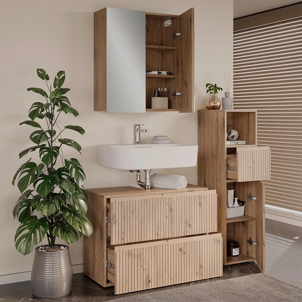 Set di mobili da bagno 3 pezzi Takumi, Artigiano, 80 cm, composto da mobile sottolavabo, specchiera e mobile medio