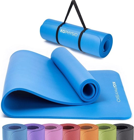 Mat di yoga antiscivolo, mat di allenamento con cinturino, mat di fitness non tossico, ideale per esercizi a casa, allenamento e yoga, 183 cm x 60 cm x 10 mm (blu)