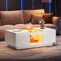 Tavolino da caffè bianco con rivestimento in vetro, illuminazione LED, controllo tramite app, 2 cassetti e 1 vano aperto, 100×50×35,5 cm, Bianco
