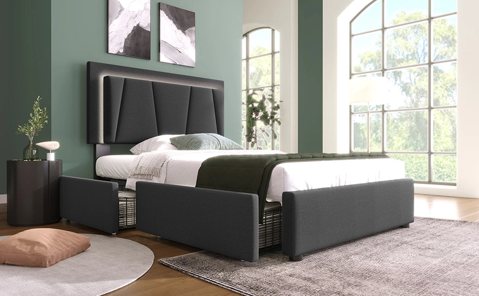DESMIU Letto singolo 90 × 200 cm con 2 cassetti, LED, testiera regolabile, senza materasso, grigio
