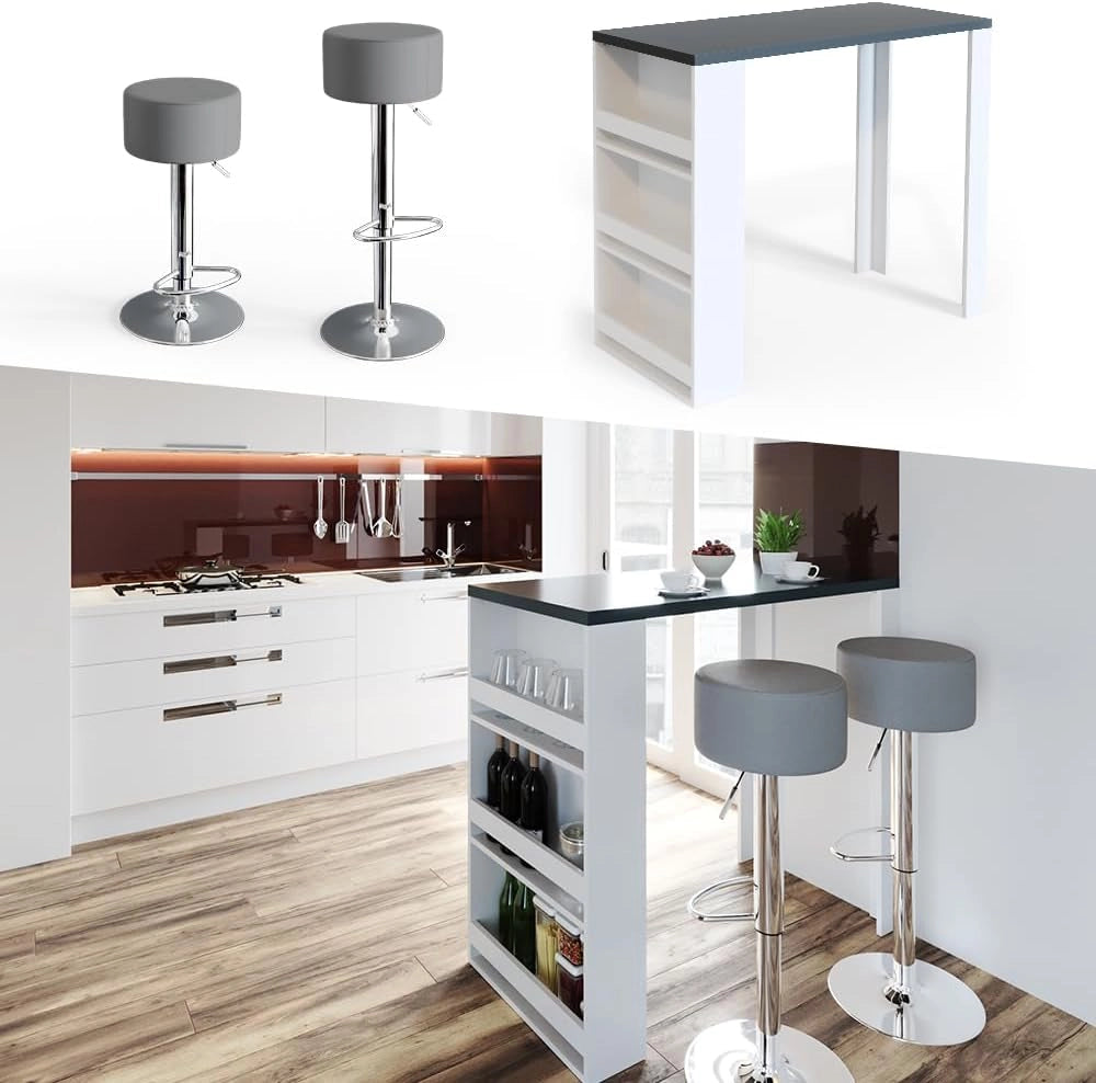 Tavolo bar con sgabelli, Bianco/Grigio, 57 x 117 cm con 2 sgabelli da bar, adatto come area pranzo aggiuntiva in cucina o soggiorno