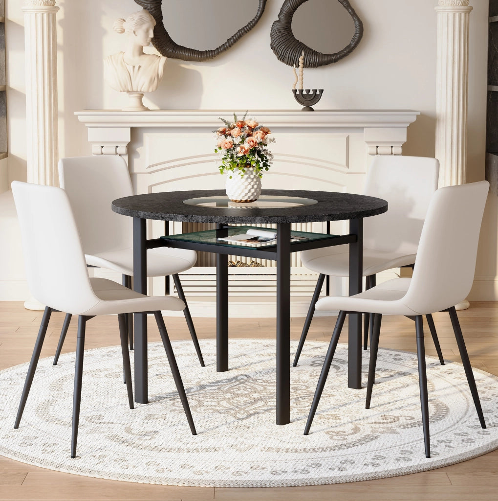 Set tavolo da pranzo rotondo Ø100 cm con ripiano in vetro e 4 sedie in PU bianche HOMVRA