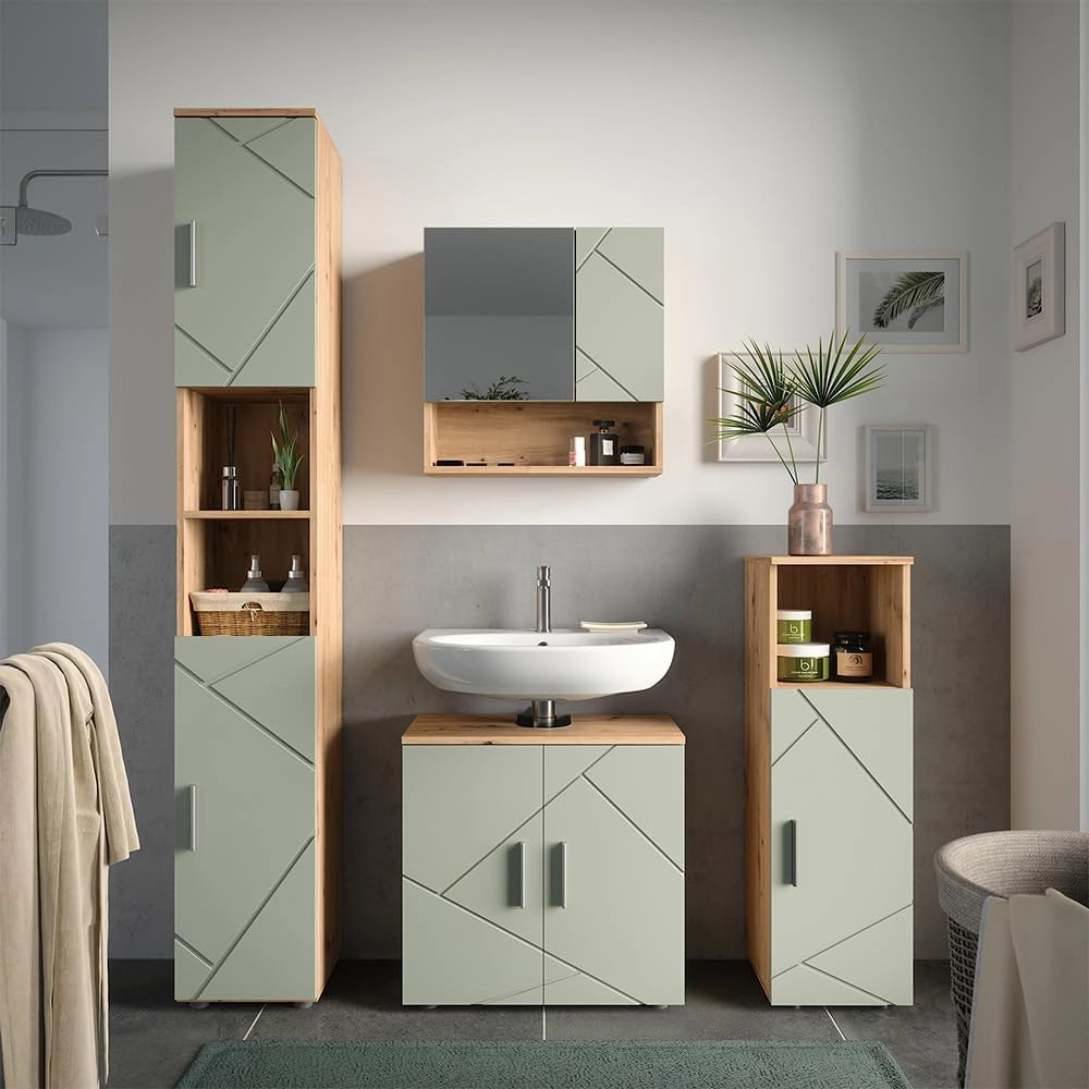 mobiletto bagno Irma, Verde salvia, 30 x 81 cm, per la conservazione in bagno, abbinabile alla serie Irma