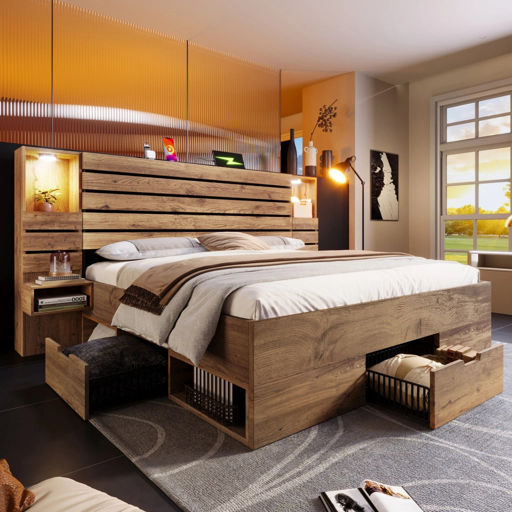 DESMIU Letto Matrimoniale 180 × 200 cm con cassetti, LED regolabile e USB Type C, senza materasso, in rovere