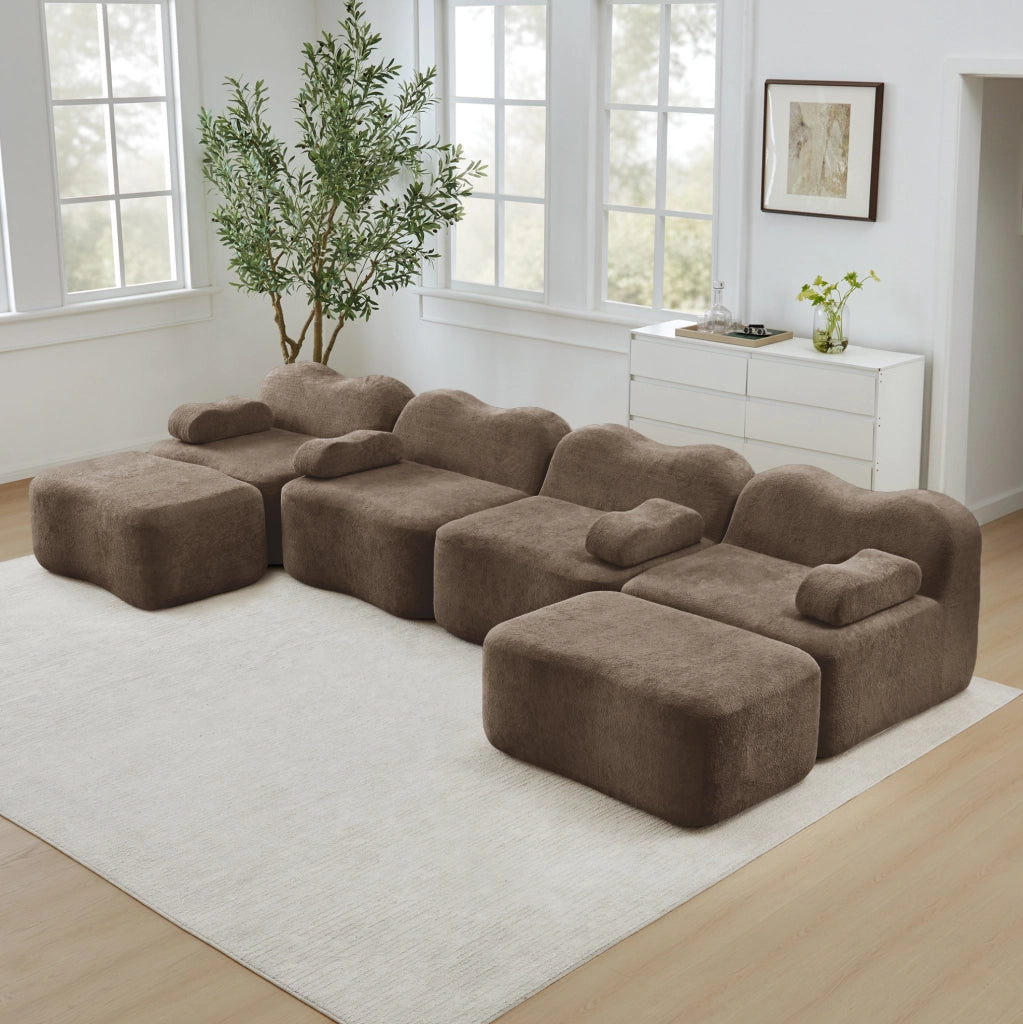 Divano angolare modulare a onda 384x167x70 cm in velluto marrone; senza struttura interna