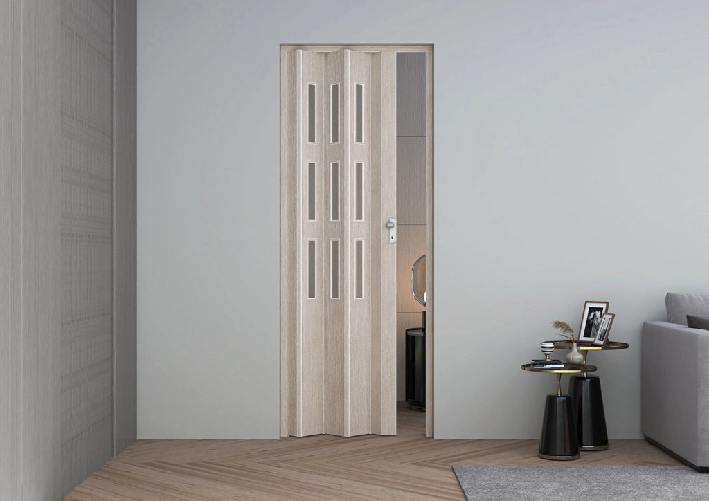 Porta a Soffietto da Interno Maya 83x214 cm Made in Italy in PVC con Vetro Satinato Legno Cedro