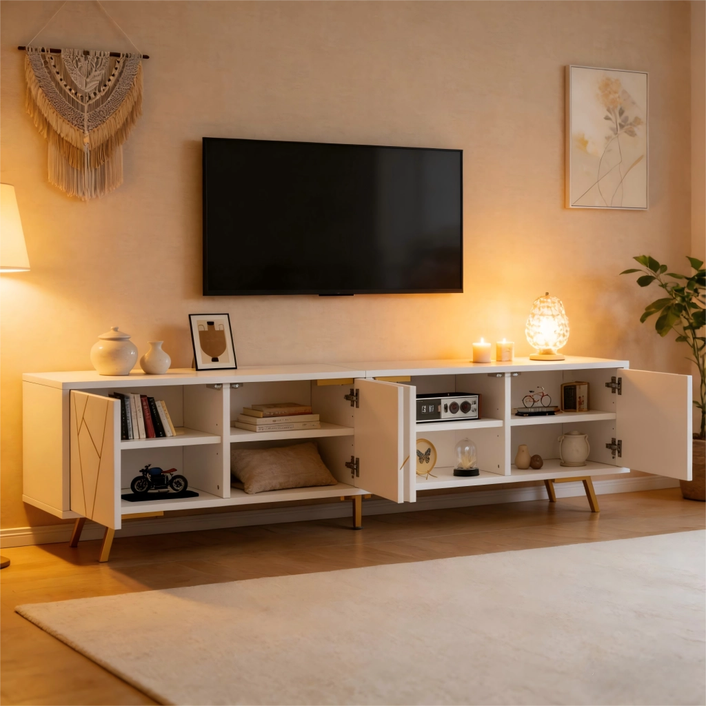 Mobile TV 190x40x51;5 cm con 4 ante e 5 gambe in metallo; bianco e oro