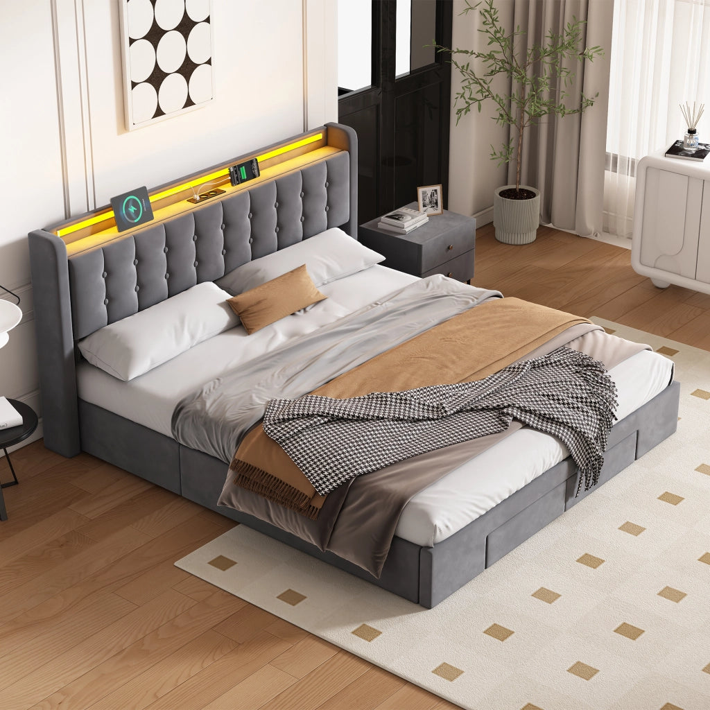 LETTO Imbottito 180 x 200 cm Grigio Scuro con Contenitore, Cassetti, USB e LED