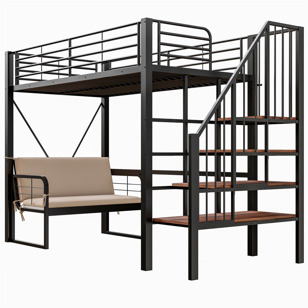 Letto a castello 90 × 200 cm con divano imbottito, scala con contenitore, senza materasso, metallo nero