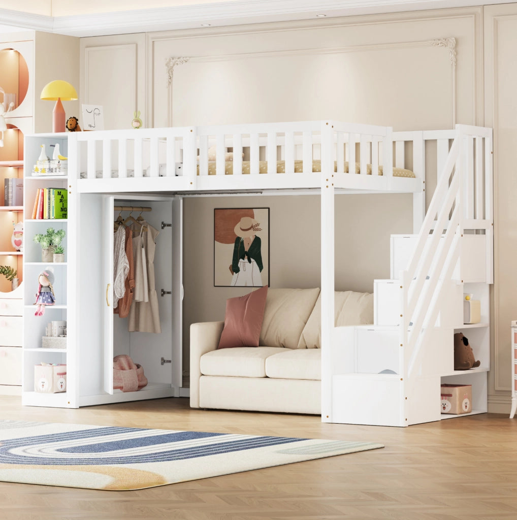 Letto a soppalco 90x200 cm in legno bianco con armadio; ripiani e scala contenitore