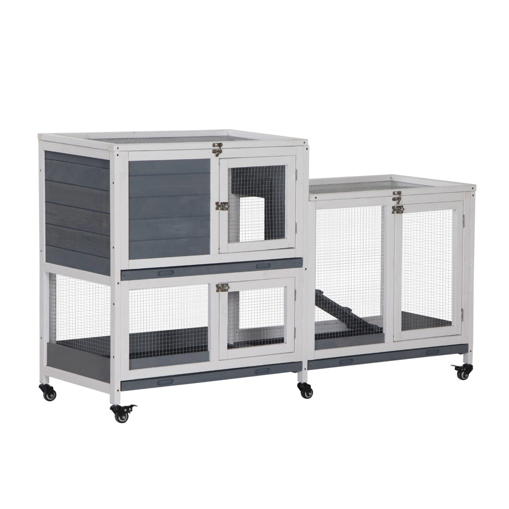 Casetta per conigli 2 piani con ruote ¨C zephmum ¨C 147x45.5x88.5 cm grigio e bianco