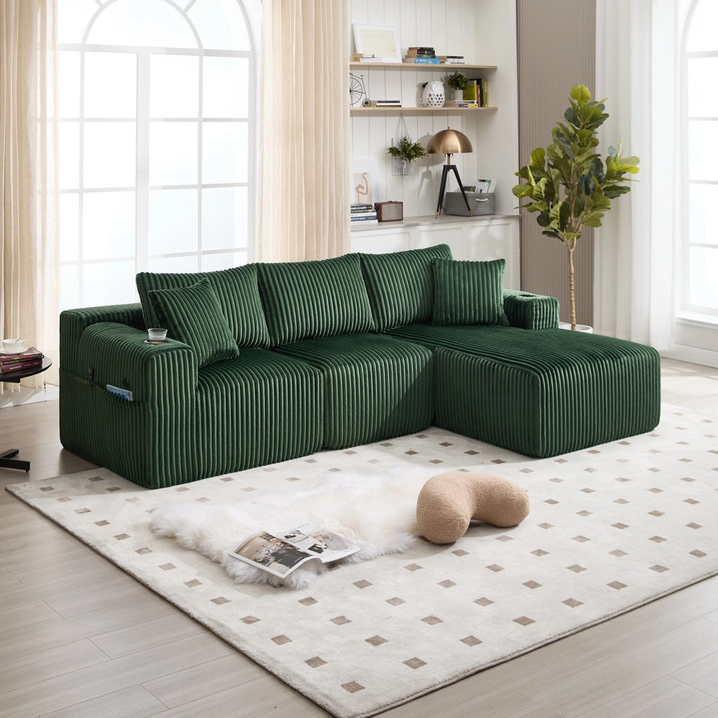 Divano modulare con chaise longue e 2 posti in velluto a coste con 5 cuscini e tasche laterali verde smeraldo