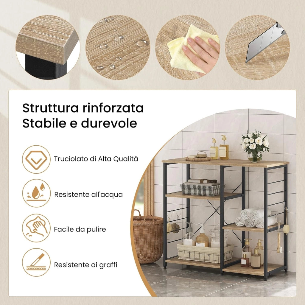 Scaffale da Cucina con 5 Ripiani in Legno, Supporto per Microonde con 4 Ganci, Struttura in Metallo & Legno, 90x40x83,5 cm, Rovere Chiaro+Nero