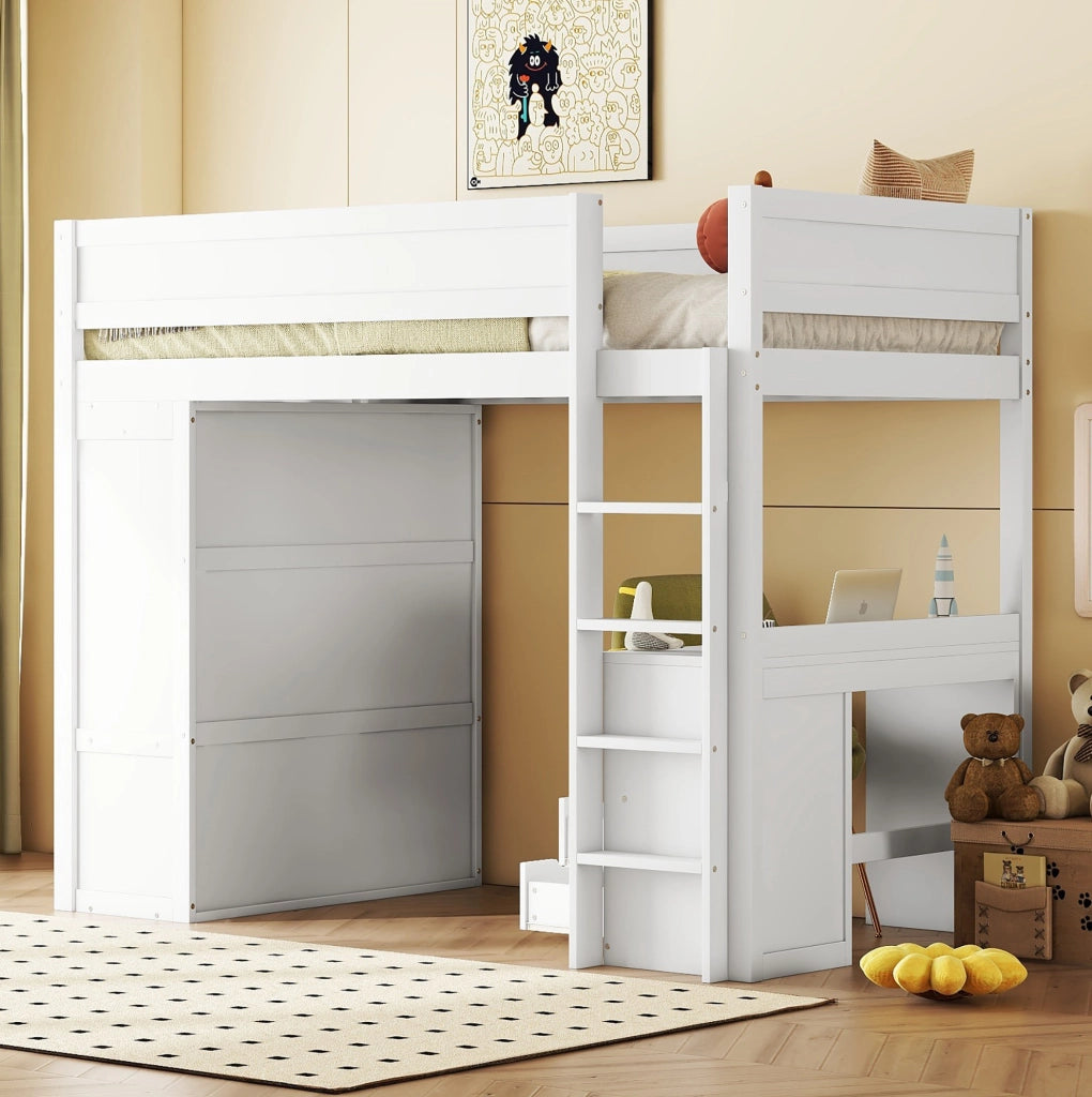 Letto a soppalco per bambini 90x200 cm con scrivania e armadio