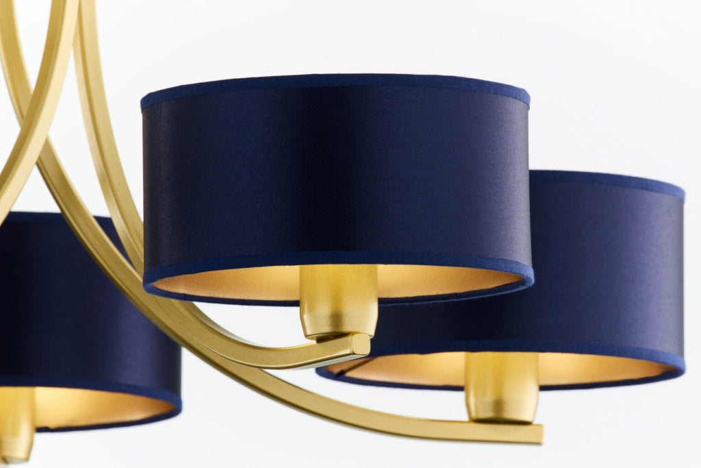Lampadario oro a catena, paralumi blu 5xE27 Arthur Jupiter
