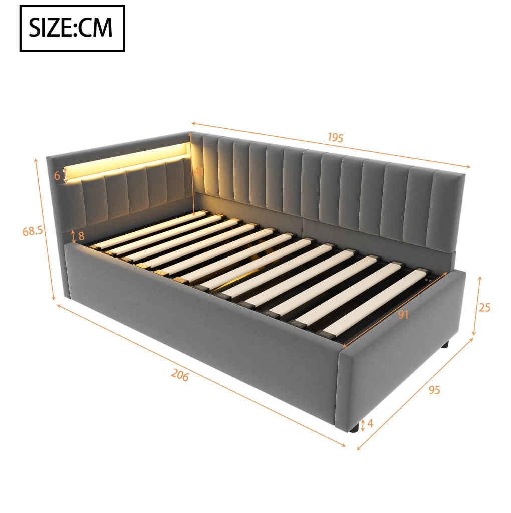 Divano letto imbottito 90x200 cm in velluto grigio con LED e contenitore idraulico