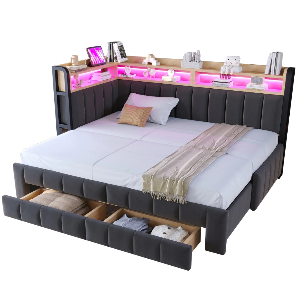 Divano letto 211x105x90 cm trasformabile in letto matrimoniale con cassetti in velluto grigio scuro