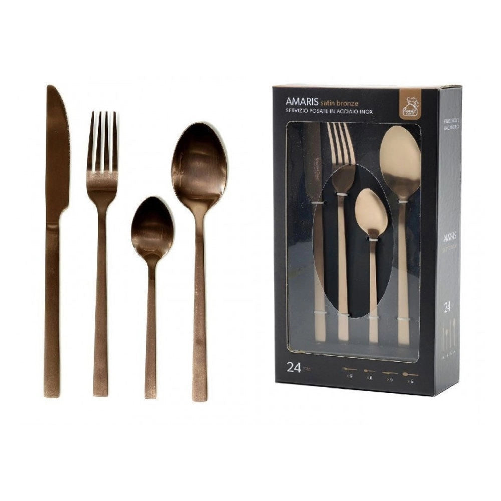 Trade Shop - Set Servizio Di Posate In Acciaio Inox Bronzo Satinato Da 24pz Stile Elegante Raffinato -