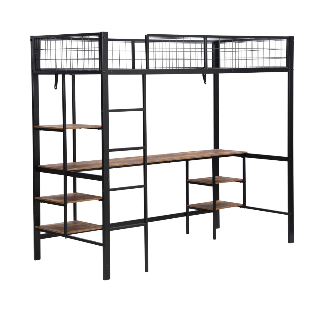 Letto a castello con scrivania e scaffali; 90x200 cm; metallo e legno; nero