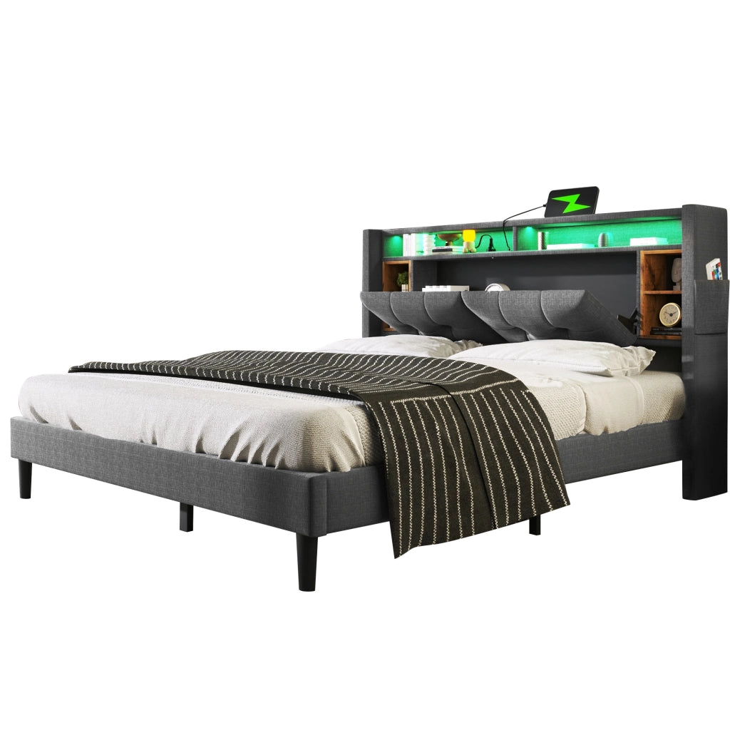 Letto Matrimoniale 140 x 200 cm con Contenitore; USB; Prese e LED; Testiera con Vani; senza Materasso