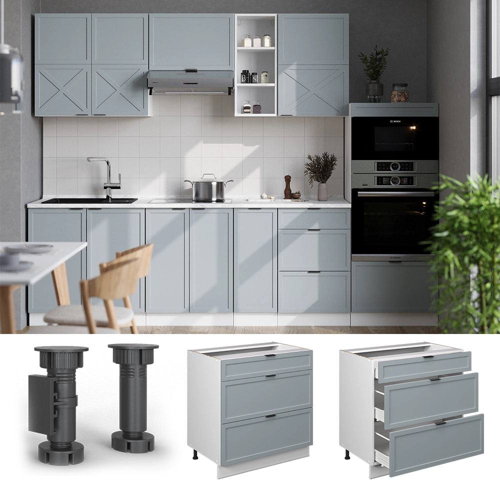 Mobiletto base per cucina Fame-Line Blu-grigio chiaro/Bianco 80 cm con 3 cassetti, PL Antracite Vicco