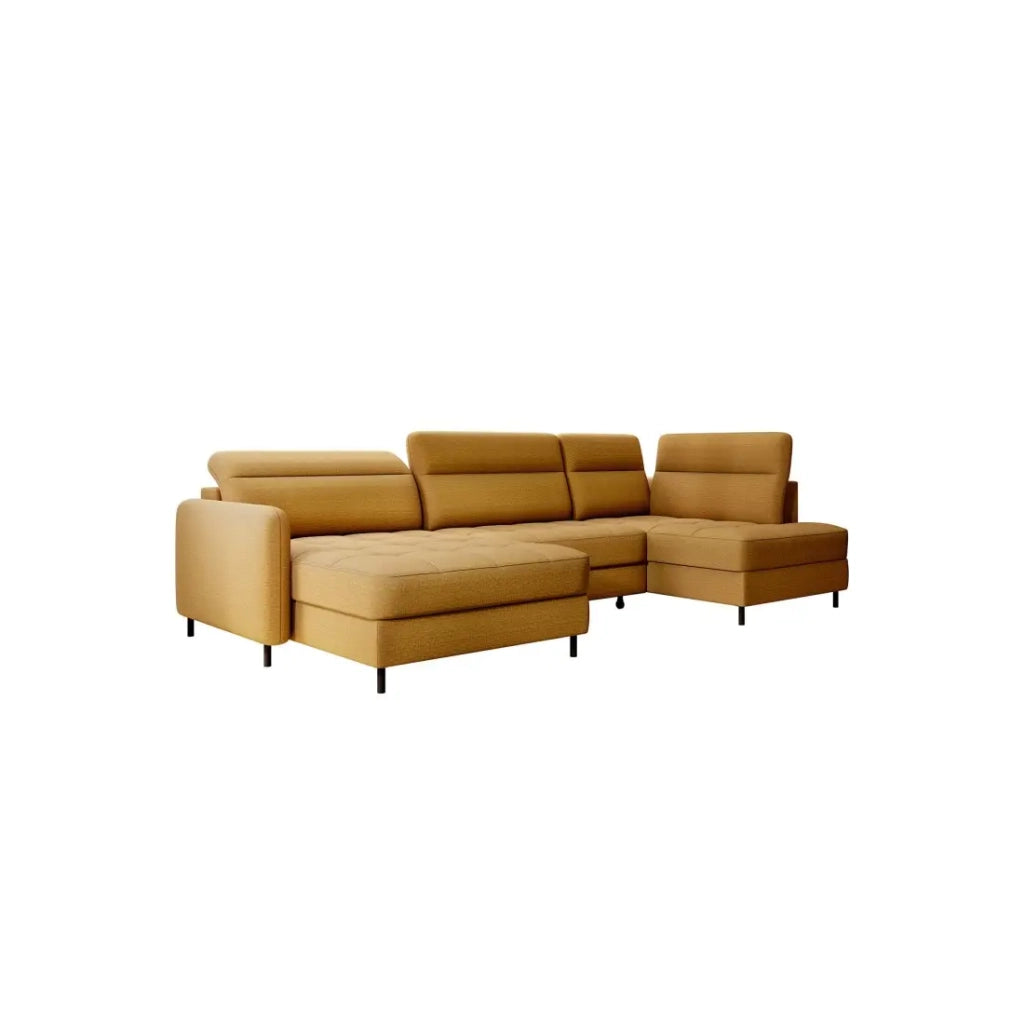 Divano angolare convertibile BERTHO 306 cm giallo arancio – Angolo sinistro con contenitore