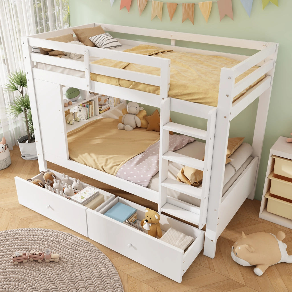 Letto a castello 90x200 cm bianco con 2 cassetti e scaffale