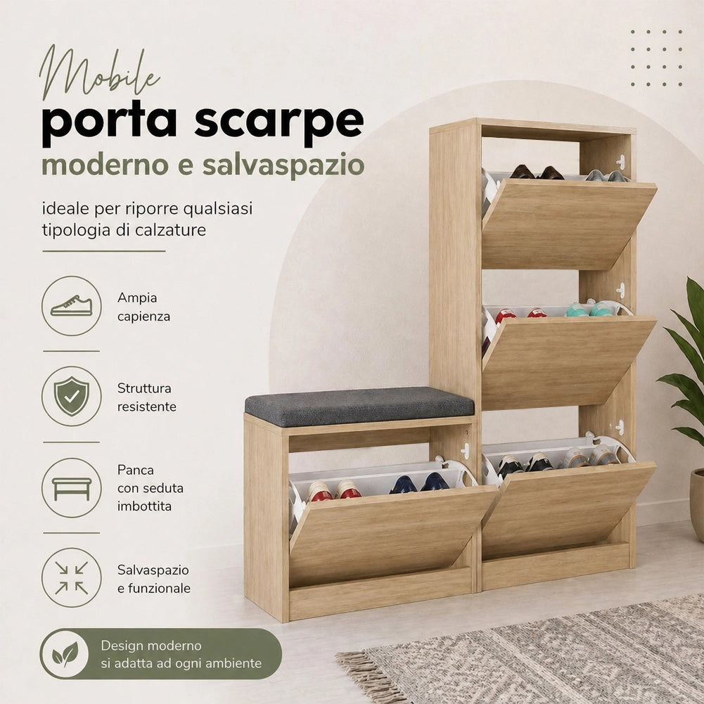 Scarpiera Salvaspazio 3 Ante Mobile Portascarpe 105x118,5 cm Multiuso Quercia