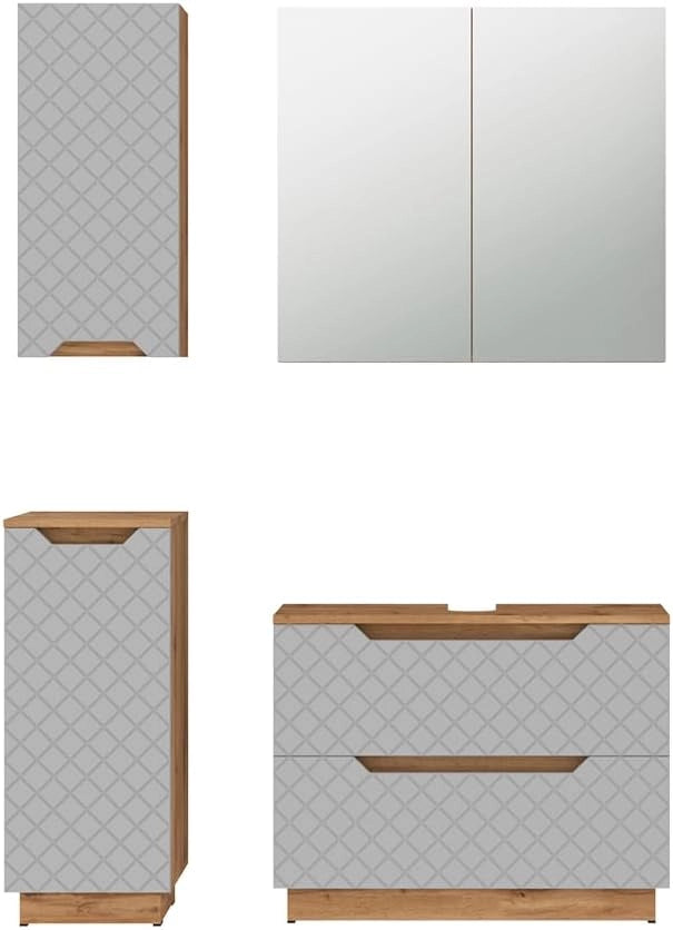 Set di mobili da bagno Lotta, Rovere/grigio con struttura in piastrelle, 4 parti